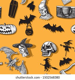 Happy Halloween. Seamless pattern witch pumpkin executioner axe scaffold skull bat coffin stuffed Vector image. eps 10