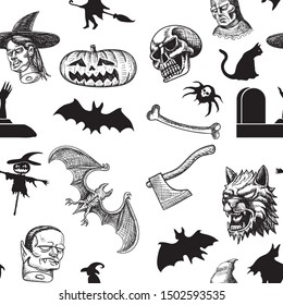 Happy Halloween. Seamless pattern witch vampire spider witch executioner pumpkin executioner axe skull bat coffin stuffed Vector image. eps 10