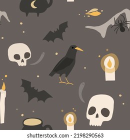 Happy Halloween seamless pattern, witch magic hand drawn doodle. Collection halloween elements. Magic cauldron, scull, candle, bat, spider net, pot, magic hourglass. Purple mystical vector pattern.