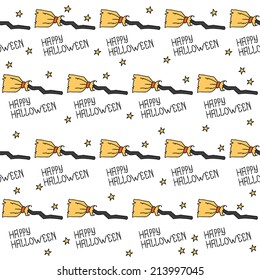 Happy Halloween. Seamless pattern with witches' broom. Trick or treat. Vector illustration. Background.