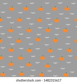 Happy Halloween seamless pattern.Orange pumpkins and bats on a grey background.Vector illustration.Wrapping paper,textile template.Flat design.