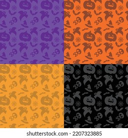 Happy Halloween seamless patterns design set. Color icons of skull,  pumpkins, spider, ghost. Vector illustration.