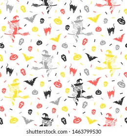 Happy Halloween seamless repeat vector pattern. Cute simple cartoon halloween things, icons, tiny objects, characters. Pretty witch, bat, black cat, candy, skull, pumpkins colorful background.