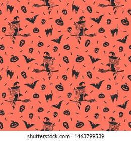 Happy Halloween seamless repeat vector pattern. Cute simple cartoon halloween things, icons, tiny objects, characters. Pretty witch, bat, black cat, candy, skull, pumpkins black and orange background.