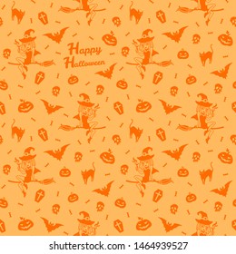 Happy Halloween seamless repeat vector pattern with greeting. Cute simple cartoon halloween things, tiny objects, characters. Pretty witch, bat, black cat, candy, skull, pumpkins orange background.