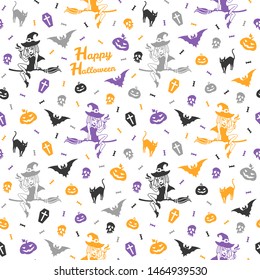 Happy Halloween seamless repeat vector pattern with greeting. Cute simple cartoon halloween things, tiny objects, characters. Pretty witch, bat, black cat, candy, skull, pumpkins colorful background.