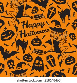 Happy Halloween seamless vector pattern with lettering. Cute icons, silhouettes, elements for your design. Black and orange background.