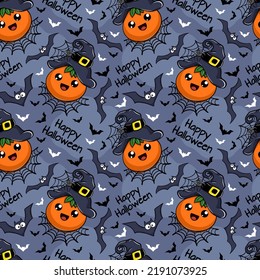 Feliz Halloween patrón vectorial sin costuras con calabaza y murciélagos lindos