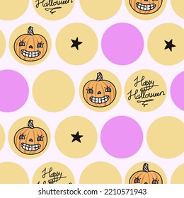 happy halloween seamless vector pattern with circles and vintage smiling pumpkins

