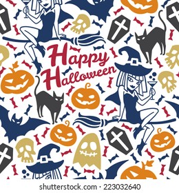 Happy Halloween seamless vector pattern with lettering. Cute icons, silhouettes, elements. Pumpkin, witch, broom, candy, skull, cat, bat, coffin. Colorful background.
