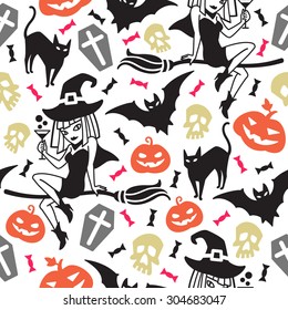 Happy Halloween seamless vector pattern. Witch girl sitting on a broom and surrounded cute halloween silhouettes - bat, cat, pumpkin, skull, candy, coffin.