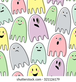 Happy Halloween seamless vector pattern with colorful ghosts on white background.  Child drawing style. Cute spooky ghosts.  Flat design. Ghosts with Different Expressions