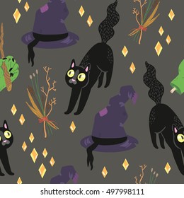 Happy Halloween seamless vector pattern with hand drawn spooky objects.