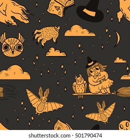 Happy Halloween seamless vector pattern with hand drawn spooky and cute objects.