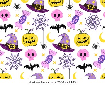 Happy Halloween seamless vector patterns set with pumpkins haunted house ghosts candy bats and magic elements perfect for kids fabric stickers cards and party decoration