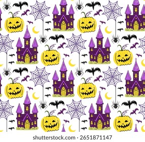 Happy Halloween seamless vector patterns set with pumpkins haunted house ghosts candy bats and magic elements perfect for kids fabric stickers cards and party decoration