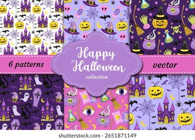 Happy Halloween seamless vector patterns set with pumpkins haunted house ghosts candy bats and magic elements perfect for kids fabric stickers cards and party decoration