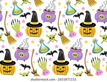 Happy Halloween seamless vector patterns set with pumpkins haunted house ghosts candy bats and magic elements perfect for kids fabric stickers cards and party decoration