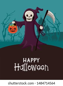 Happy halloween season card with cartoons at night with haunted house ,vector illustration graphic design.