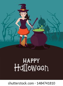 Happy halloween season card with cartoons at night with haunted house ,vector illustration graphic design.