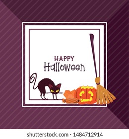 Happy halloween season card with cat pumpkin and broom cartoons ,vector illustration graphic design.