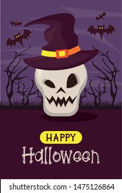 Happy halloween season card poster with funny cartoons in scary night background ,vector illustration graphic design.