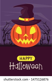 Happy halloween season card poster with funny cartoons in scary night background ,vector illustration graphic design.