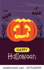 Happy halloween season card poster with funny cartoons in scary night background ,vector illustration graphic design.