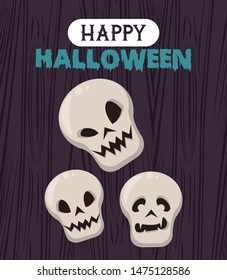 Happy halloween season card poster with funny cartoons on wooden background ,vector illustration graphic design.