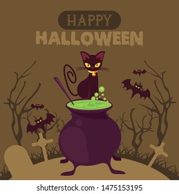 Happy halloween season card poster with funny cartoons cementery background ,vector illustration graphic design.