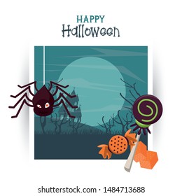 Happy halloween season card with spider and candies cartoons ,vector illustration graphic design.