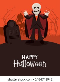 Happy halloween season card with vampire skull and tombstone cementery cartoons ,vector illustration graphic design.