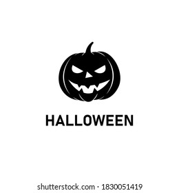 Happy Halloween season holiday celebration. Jack O'Lantern scary pumpkin silhouette icon. Creepy horror decoration. Decorative sign or symbol. Evil smile logo. Black and white vector illustration.