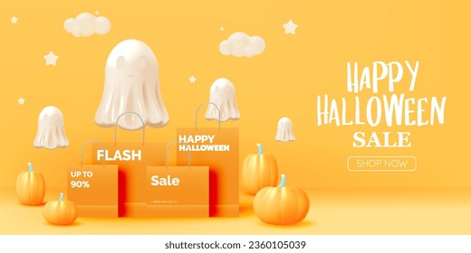 Happy halloween seasonal sale banner colorful background vector illustration