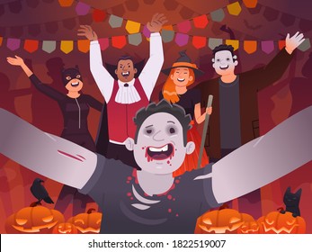 Happy Halloween. Selfie of young people dressed up in creepy costumes and celebrating a holiday. Halloween party. Vector illustration in flat style