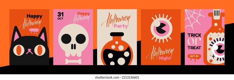 Happy Halloween. Set of 5 holiday posters. Templates in a minimalist style with simple illustrations are great for banners, greeting cards, party invitations and much more