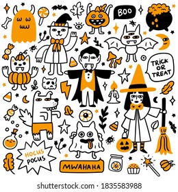 Happy Halloween Set of 9 Spooky cartoon characters (witch, ghosts, cat wizard, bat, zombie werewolf, funny vampires, scary pumpkin), 4 inscriptions and 30 different halloween attributes.