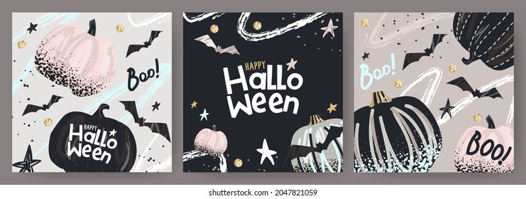 Happy Halloween Set of banners, greeting cards, posters, holiday covers. Trendy design with typography, hand painted dots, strokes, pumpkins and bats, in pastel colors. Modern art minimalist style.