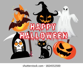 happy halloween set with bats, cat, pumpkins, fire,skull, hat and  ghost