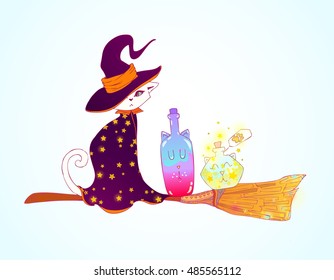 Happy Halloween set with black cat, bat, witch and wizard, magic trick, poison,... isolated on white background. Hand drawn elements, vector illustration.