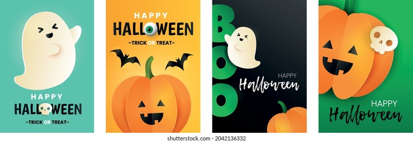 Happy Halloween set of cards. Inscription boo,pumpkin, bat, skull and ghost in paper cut style. Halloween greeting posters. 