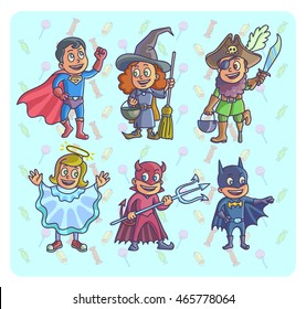 Happy Halloween. Set Of Cartoon Cute Children In Different Costumes Batman, Witch, Angel, Devil Superman And Pirate. Vector Illustration.