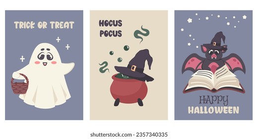 Happy Halloween. Set of cartoon greeting cards to Halloween party. Cute ghost with basket, bat in wizard’s hat, magic book, Potion cauldron, greeting text. Baby creepy characters. Vector illustration 