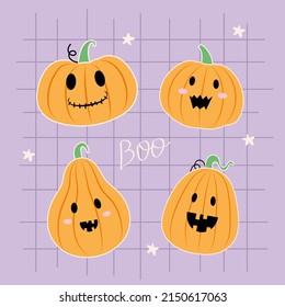 Happy halloween. Set of cartoon hand drawn pumpkins. Vector. Boo.