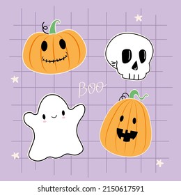 Happy halloween. Set of cartoon hand drawn pumpkins, ghost and skull. Vector. Boo. Kawaii set.