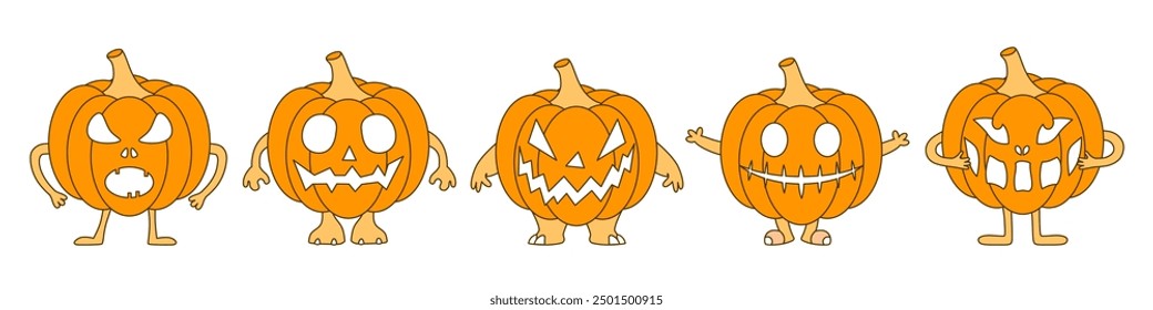 Happy halloween set of cartoon pumpkins. Cute orange pumpkin monster. Vector illustration.