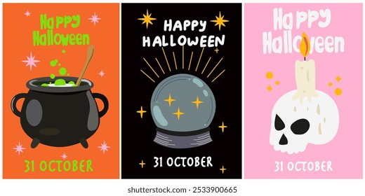 Fröhliches Halloween. Set von Cartoon Retro-Halloween-Postern. Vintage-Banner. Geist, Zauberkessel, Voodoopuppe, Zauberschicht, Zombie-Hände, schwarze Krähe. Gruseliger, groovender Plakatsatz