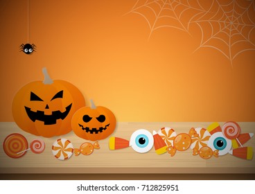 Happy halloween set of characters in cartoon paper style with pumpkin, spider, spider web and candy on the wood table, orange background with space. Vector illustration.
