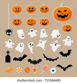 Happy halloween set of characters in cartoon sticker style with pumpkin, spider, ghost, bat and candy on paper background. Vector illustration.