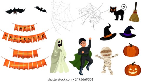 Happy Halloween. Set of Halloween characters, symbol. objects and items. Ghost, pumpkin, bat , cat, witch, hat, spooky castle. Good for greeting card, poster. Hand drawn vector illustration
